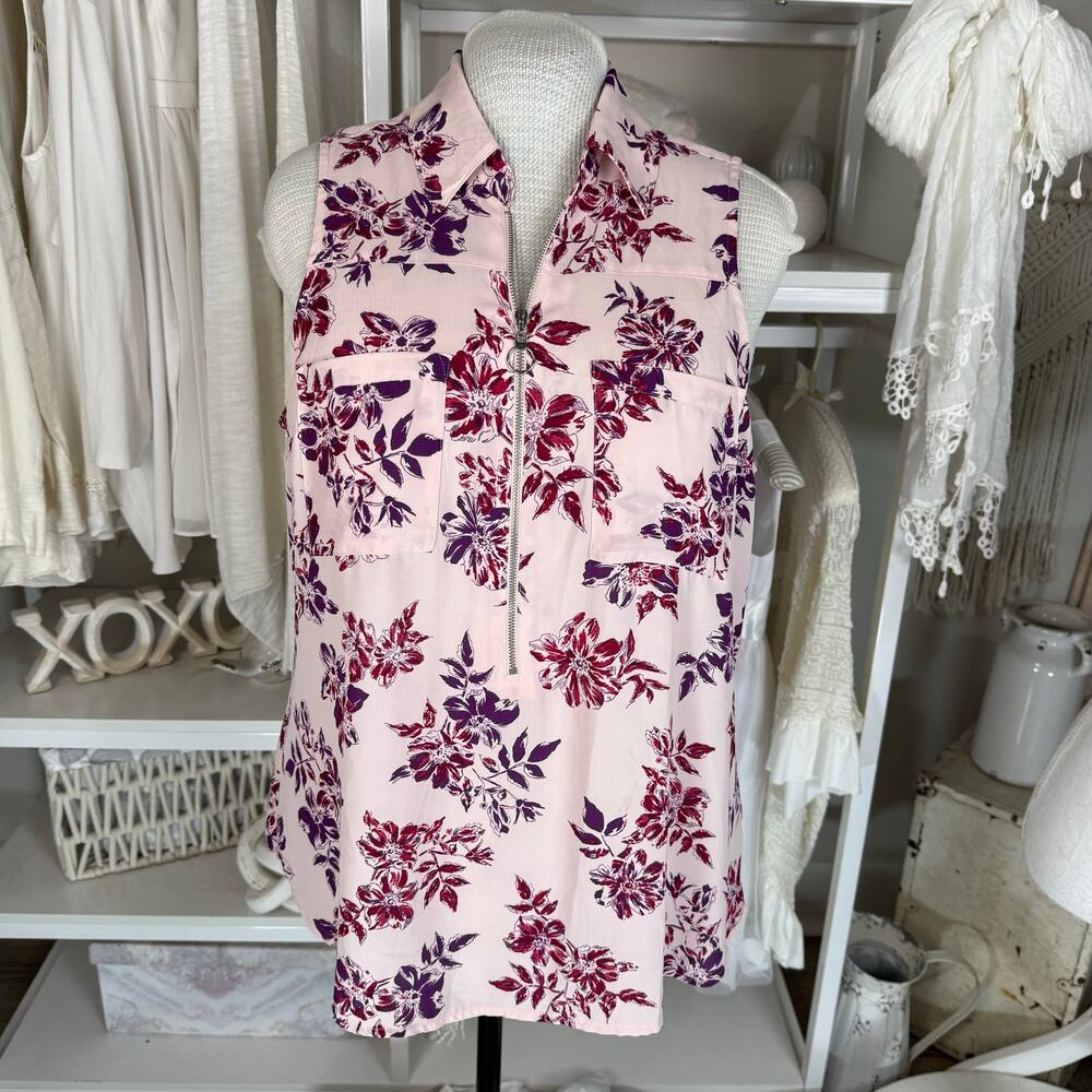 Express Pink Floral Sleeveless Zip-Front Blouse